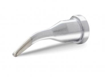 The image shows a metallic tip, slender and slightly curved. It has a smooth, silver surface and a fine, pointed bevel. The base is wider, tapering upwards.