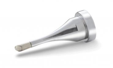 The image shows a silver, metallic object that is elongated and tapers to a point. At one end it has a broad base, while the other end is narrow and round.