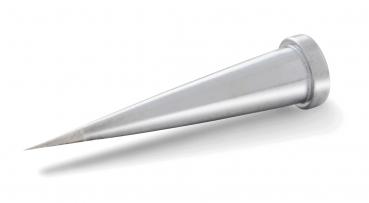 The image shows a sharp metal pin with a wide, flat end. The shape resembles a cone that tapers towards the top. The surface is shiny and silver-colored.