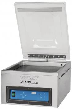 Das Bild zeigt eine silberne Vakuumiermaschine mit einem rechteckigen Behälter und einem oben aufklappbaren Deckel. An der Front befindet sich ein Bedienelement mit Tasten und einem Display.