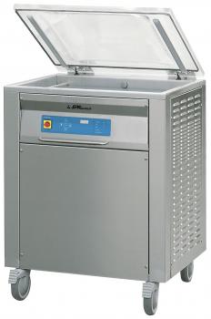 The image shows a square, silver vacuum sealer with a removable, foldable lid. A digital control with buttons and a display is located on the front. The device is mounted on rollers.