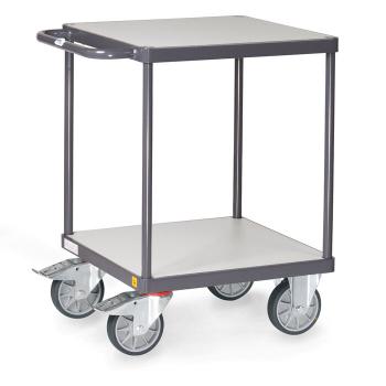 The image depicts a simple, two-tier serving cart with a gray metal frame. It has two levels, an upper and a lower, as well as four casters for mobility.