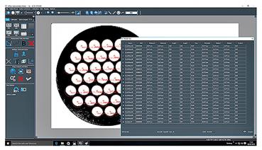The image shows a round, black area with many small, circular elements arranged in a grid pattern. On the right side, there is a window with data in list form.