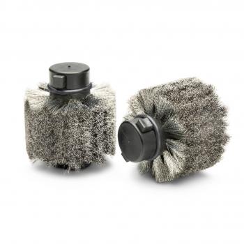 The image shows two round hair brushes with many short, wood-like bristles. The brushes have a black handle and are symmetrically arranged. They appear sturdy and are intended for hair styling.