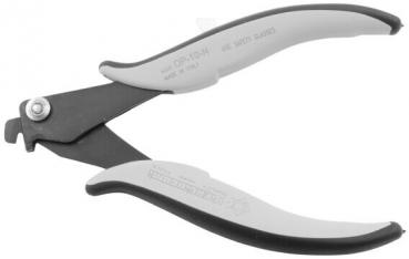 The image displays a special pair of pliers with gray rubber handles and a black metal blade. The pliers have a curved shape and a screw mechanism in the center.