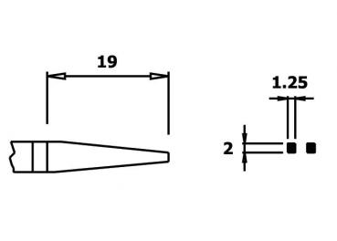 The image displays a technical drawing of a conical object. On the left side, the length (19 mm) is indicated, and on the right side, additional dimensions (2 mm, 1.25 mm) are provided.