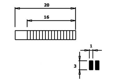The image displays a technical drawing with dimensions: An elongated shape with a width of 20 units and an intermediate mark at 16. On the right, three additional measurements are shown.