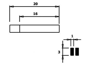 The image shows a schematic representation of a rectangle. The width is 20 units, the height 16 units. Below the rectangle, there are two black rectangular shapes and dimension lines with values 1 and 3 displayed.