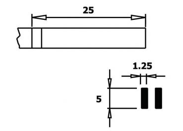 Das Bild zeigt technische Zeichnungen. Oben ist ein längliches Objekt mit einer Länge von 25 Einheiten. Unten sind zwei schwarze Rechtecke und Maße von 1,25 und 5 Einheiten dargestellt.