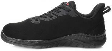 Das Bild zeigt einen schwarzen Sportschuh mit einer durchgehenden, rutschfesten Sohle. Er hat ein schlichtes Design mit flacher Form und eine gepolsterte Ferse für Komfort.