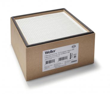 Das Bild zeigt eine quadratische Box aus braunem Karton mit einem weißen, rautenförmigen Gittermuster auf der Oberseite. Etikett auf der Seite mit der Aufschrift "Weller".