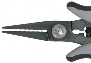 The image shows a pair of pliers with gray, rubberized handles. The tips are sharp and serrated, ideal for gripping and cutting objects. The pliers are sturdy and functional.