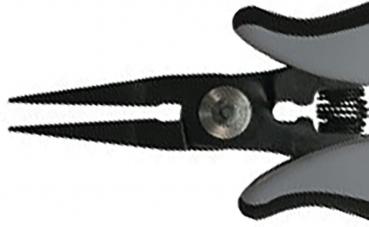 The image shows a pair of pliers with two long, narrow gripping arms. The pliers have a black handle with gray accents and a central joint connection.
