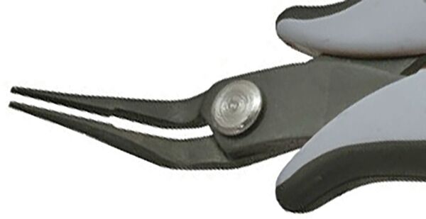 The image shows the tip of a pair of pliers with long, narrow jaws. The handle is ergonomically shaped and has a non-slip surface. In the center, there is a round turning knob.