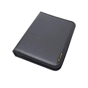 The image displays a black, flat folder made of faux leather. It has a smooth surface and a yellow tag in the bottom right corner. The folder is closed and rectangular.