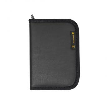 The image shows a black, rectangular wallet or case with a zipper. The surface is smooth, and there is a small yellow logo on the front.