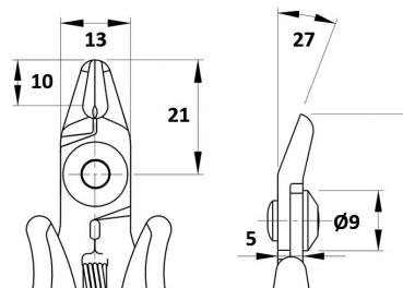 Das Bild zeigt technische Zeichnungen von einer Zange aus zwei Perspektiven. Maße sind angegeben: Länge, Breite und Detailgrößen. Die Zange hat zwei Griffe und eine Spitze.