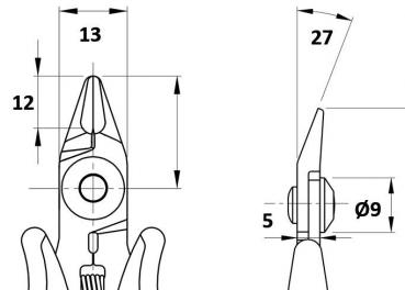The image displays technical drawings of a pair of pliers, including dimensions. The pliers feature pointed blades and a central handle, with both vertical and horizontal measurements provided.