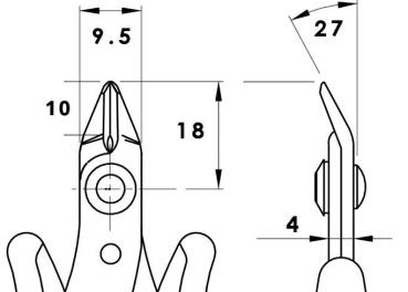 Das Bild zeigt technische Zeichnungen eines Werkzeugs, vermutlich einer Zange. Es enthält Maße in Millimetern und zwei Ansichten: frontal und seitlich. Die Linien sind klar und schematisch.