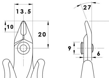 The image displays technical drawings of a tool, likely a pair of pliers. Dimensions are provided, including a width of 13.5 mm and a height of 20 mm, with various views and measurements.