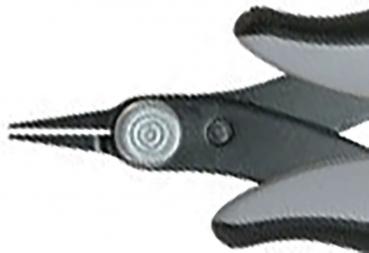 The image shows a pair of pliers with a pointed, narrow tip at one end. The handle is black and gray, and there is a round screw in the middle.