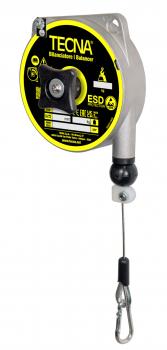 The image shows an electric reeling device with a round, black casing and yellow lettering. A cable with a hook hangs down from it to secure objects.