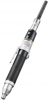 The image shows a cylindrical, black screwdriver with a silver head. The handle is non-slip and has a clip mechanism. At the tip, there is a long, thin tool.
