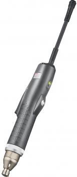 The image displays a gray, handy power tool, similar to a screwdriver, with a long, flexible cable and a round attachment at the tip. It features a modern design.