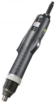 The image displays a gray, handy tool with a long handle and a rotating head. At the tip, there is a hexagonal opening. It features controls and a cable connection.