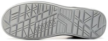 The image shows the underside of a shoe. It is flat and made of gray rubber with a non-slip, textured tread featuring various geometric patterns.