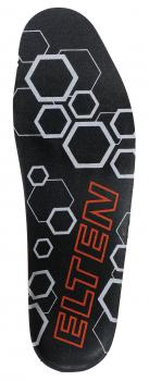 Das Bild zeigt eine Schuhsohle in schwarz mit hexagonalem Muster. Der Markenname "ELTEN" ist in orange abgebildet. Die Sohle hat eine flache, ergonomische Form.
