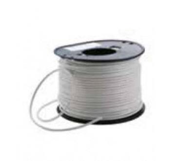 The image shows a spool with white, thin wire or cord. The spool has a black edge and an opening in the center from which the cord is being unwound.