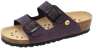 The shoe is a black sandal with two adjustable buckles and a cork-like sole. The inside is soft and has small ventilation holes. It provides comfort and stability.