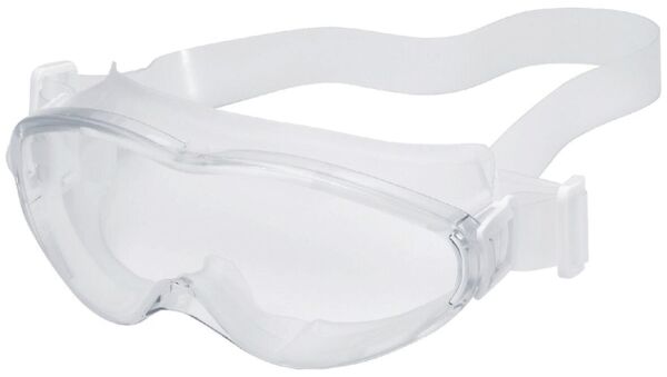 Das Bild zeigt eine klare Schutzbrille. Sie hat ein breites, flaches Design mit einer durchsichtigen Scheibe und einem elastischen Band für einen sicheren Sitz.