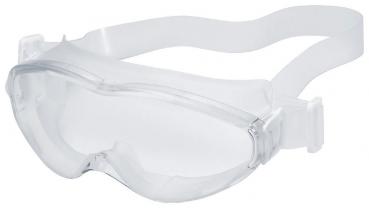The image shows a clear safety goggle with a flexible rubber band. It has a closed design to protect the eyes and is lightweight, ensuring a comfortable fit.