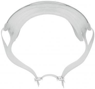 The image shows a transparent, semi-circular protective visor mask. It has a flexible, white mounting strap that is worn around the head to protect the face.