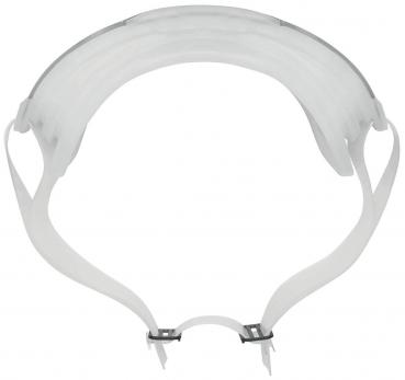 The image shows a clear, rounded face shield. It features an elastic strap for fit and is transparent, ideal for facial protection, e.g., during work or in healthcare.