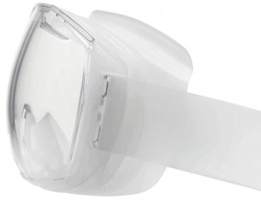 The image shows a transparent swimming goggle with a wide, white headband. The lenses are clear, and the shape is oval, ideal for protecting the eyes in the water.