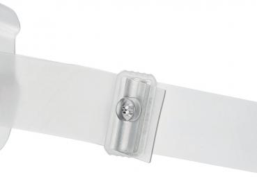 The image displays a transparent strap with a simple buckle. The strap is smooth and straight, while the buckle is slightly raised and round to secure the closure.