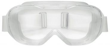 In the image, safety goggles are visible. They are transparent and feature a wide, elastic band for a secure fit. The lenses are large and frameless, ideal for protection.