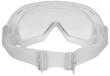 The image shows a white safety goggle with a wide, flexible strap that has two adjustment buckles. It features a curved, transparent lens and is suitable for various activities.