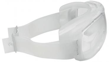 The image shows a transparent safety goggle with a wide, elastic band. The goggle has a smooth surface and is shaped to fit snugly and protect the eyes.