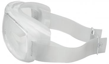The image shows a transparent safety goggle with a wide, elastic band. The lenses are large and rounded to cover the face well. Ideal for eye protection.