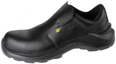The image shows a black safety shoe without laces. It has a smooth leather surface, an ergonomic shape, and a slip-resistant, thick rubber sole.