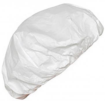 The image shows a white, plastic headgear often worn in kitchens. It is lightweight and has a wavy surface, similar to a shower cap.