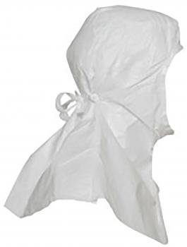 The image shows a white cap made of lightweight fabric. It has a round shape, a closed top, and tie-like elements that hang down at the sides.