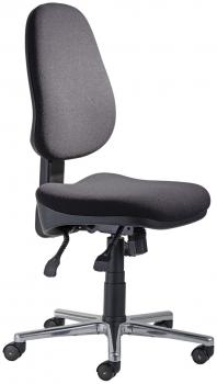 The image shows a black office chair with a padded seat and a high, slightly contoured backrest. It has five casters and a chrome-colored base that is mobile.