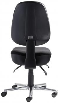 The image shows a black office chair with a high backrest. The chair has wheels and an adjustable seat height. The base is made of shiny metal and has five caster wheels.