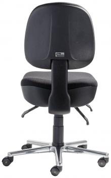 The image shows a black office chair with a padded seat. It has a high backrest, adjustable height, and casters on the bottom for easy movement.