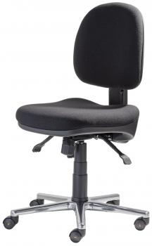 The office chair has a black, padded seat and a high backrest. It stands on a sturdy swivel base with five casters, which allows for easy movement.